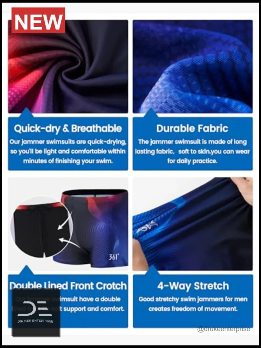 Men's Swim Jammers - Durable Polyester Spandex Square Leg Lap Swim Trunks